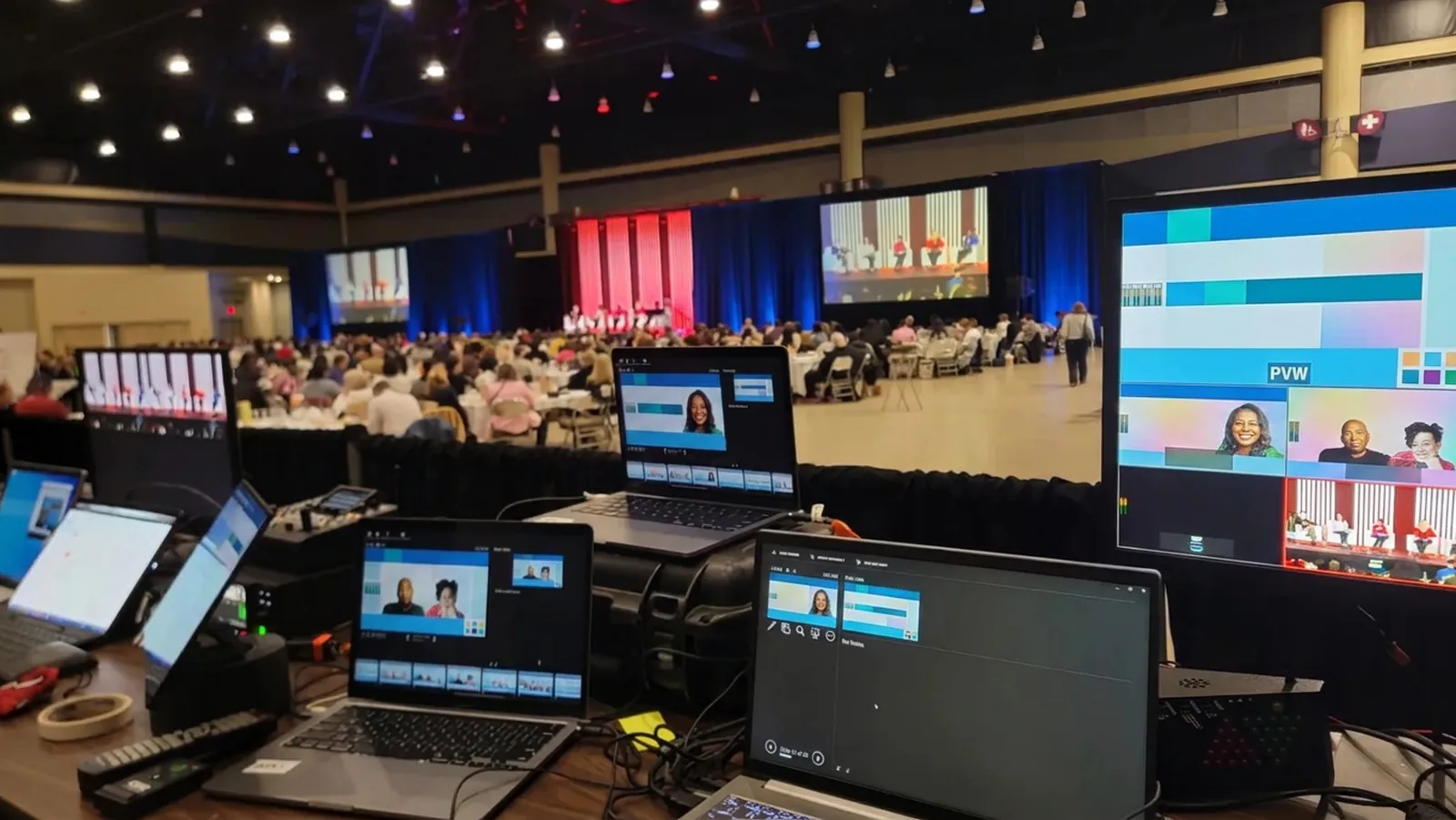 Show control position facing a general session stage during a conference